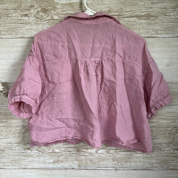 Zara Light Pink Linen Oversized Boxy Shirt Cropped Short Sleeve Blouse Size M - Picture 5 of 5